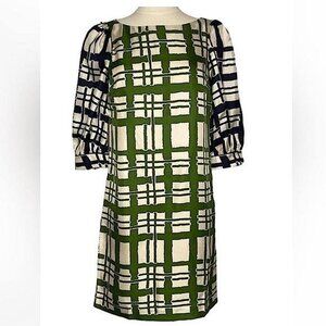 Anthropologie Maeve Broken Blocks 100% Silk Dress- Green, Cream, Navy‎ Sz 4- EUC